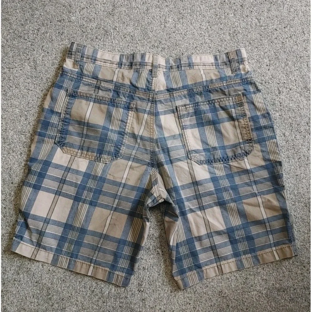 Old Navy Y2K Plaid Chino Shorts Men's 33 Summer Flat Front Blue Beige Stripes